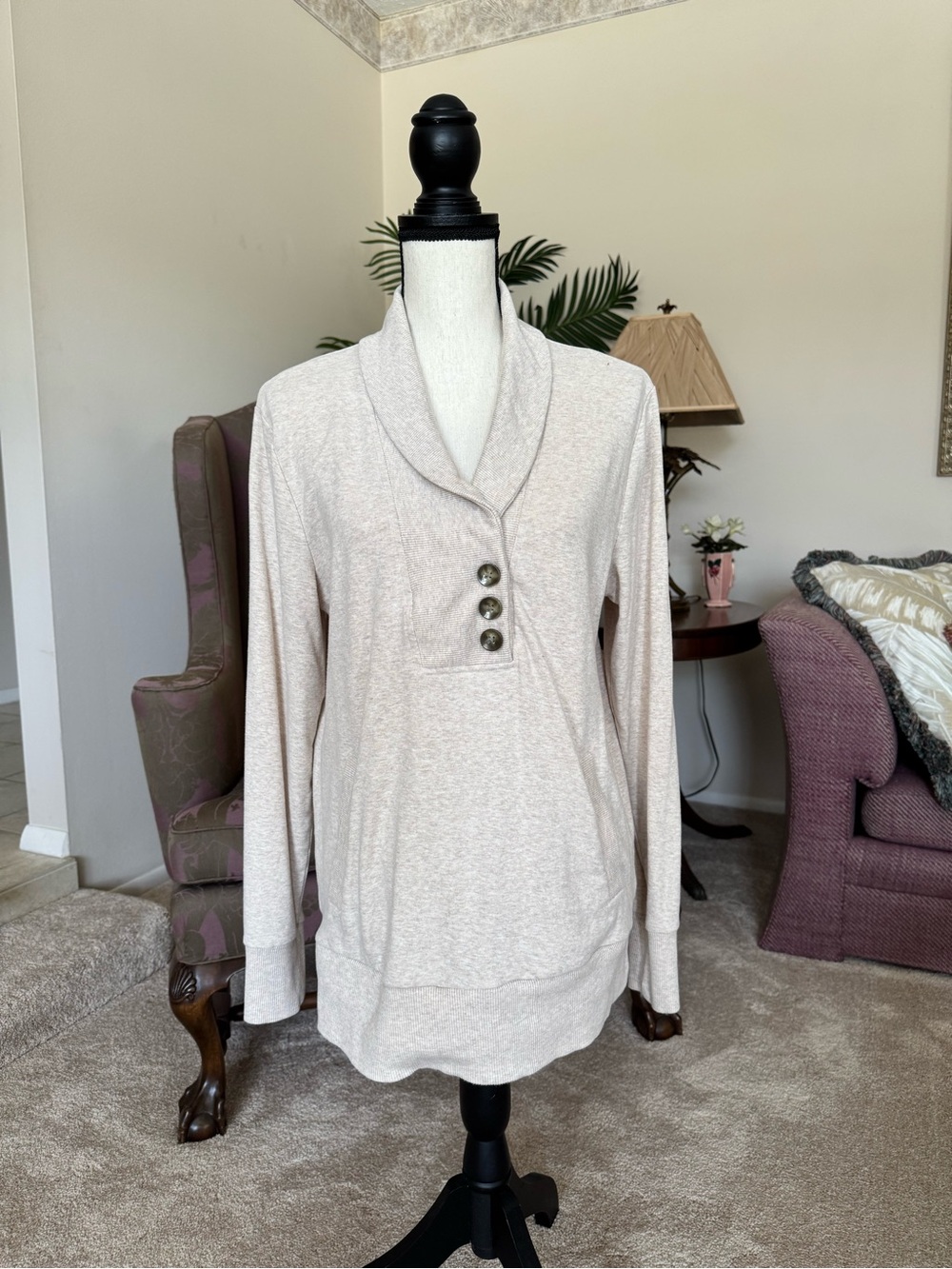 Banana Republic Cream Shawl-Collar Pullover with Button Detail